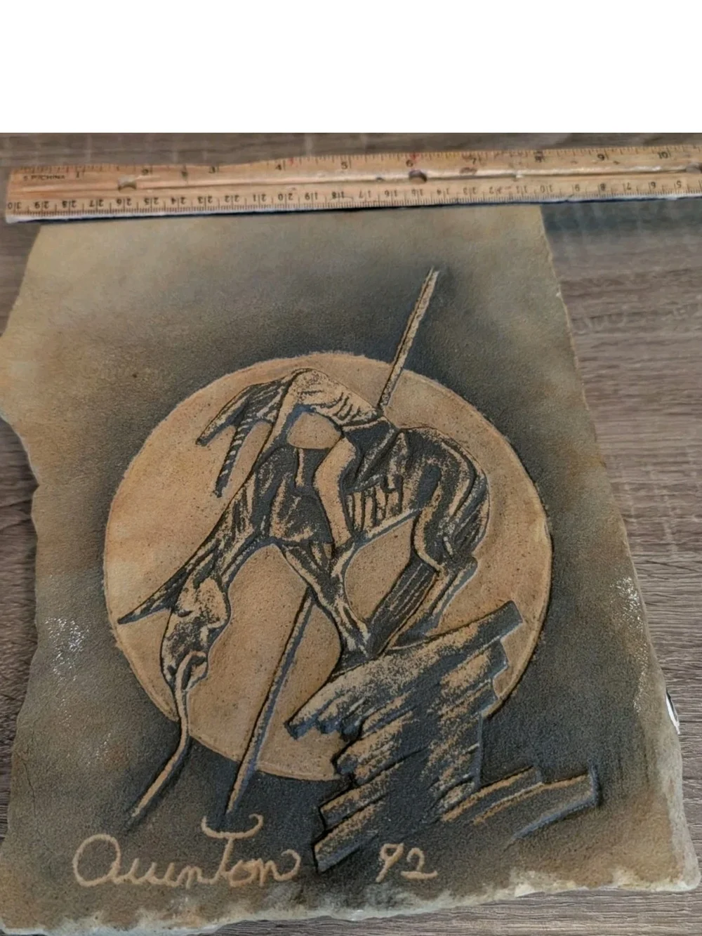 Signed Native American Carved Stone Plaque 10 In. By 8 In./Quinton Antone